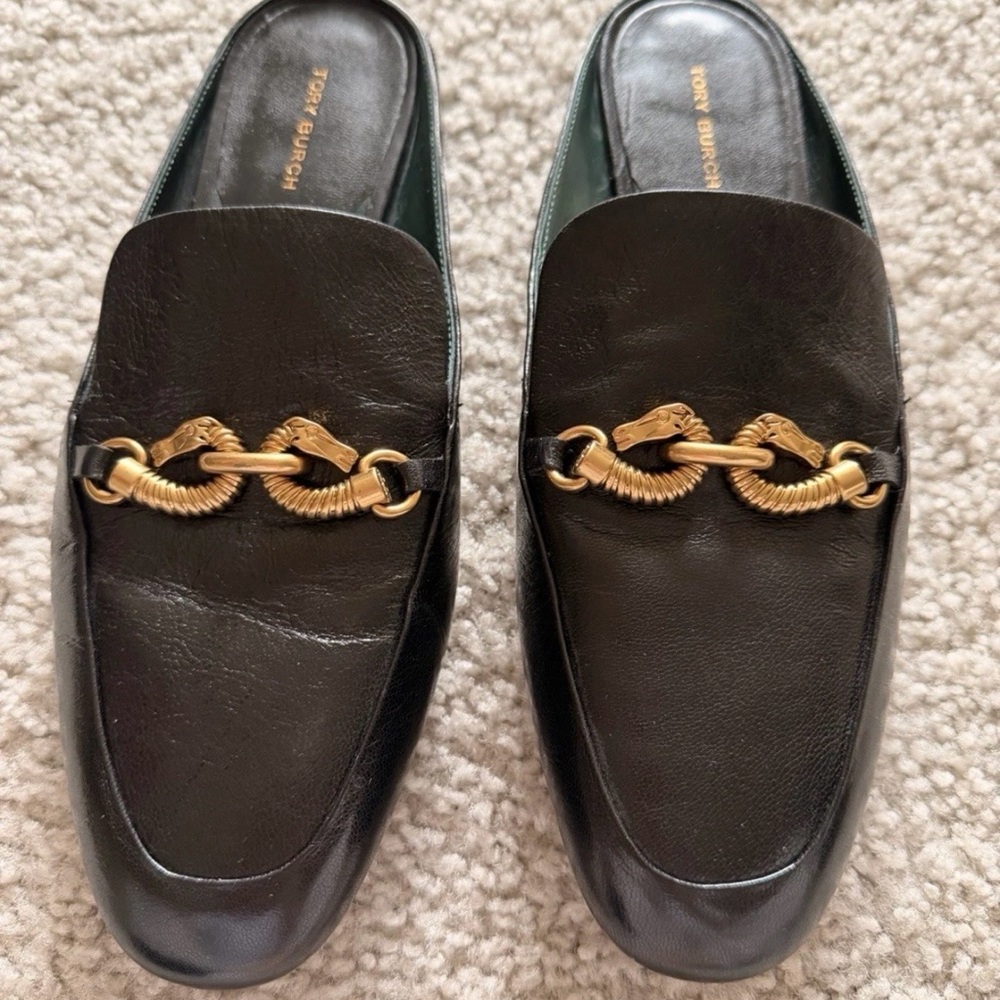 Tory Burch Black Leather Slip-On Loafers with Gold Detail